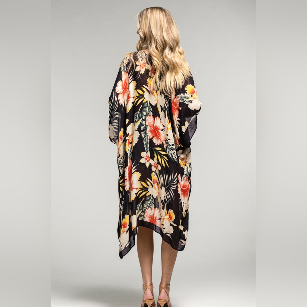 Tropical Garden Kimono - Floral & Leaf Print on Lightweight Silky Material - Picture 5 of 7